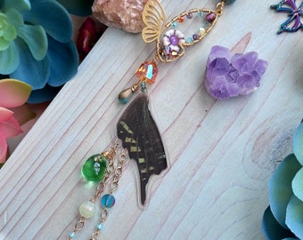 Urania Moth Wing Car Charm: Crystal & Sea Glass Suncatcher