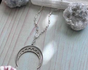 Silver Moon Beaded Necklace - Moonstone & Labradorite Dainty Beaded Necklace - Everyday Crescent Moon Necklace