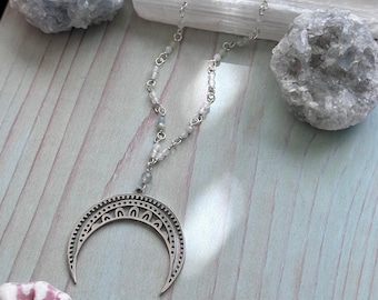 Silver Crescent Moon Necklace: Moonstone & Labradorite Beaded Pendant