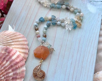 Mermaid Ammonite Beaded Necklace - Hand Knotted Beaded Gemstone Necklace