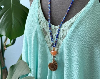 Ammonite Knotted Bead Necklace - Afghan Tribal Seed Beads - Double Strand Beaded Necklace