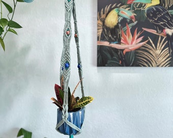 Tropical Inspired Beaded Macrame Plant Hanger, Hand Painted Beads, Jungle Decor, Indoor Plant Hanger, Bird of Paradise