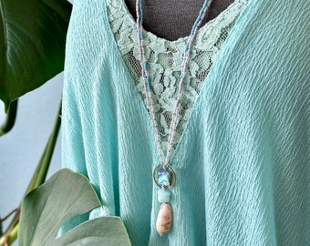 Mermaid Dreams Knotted Bead Necklace - Double Strand Beaded Necklace - Abalone Necklace- Gradient Necklace