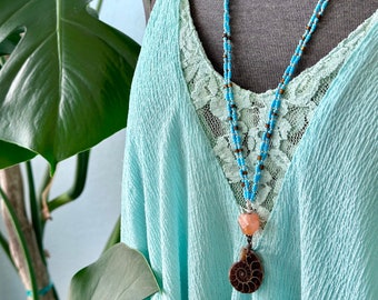 Ammonite Knotted Bead Necklace - Double Strand Beaded Necklace