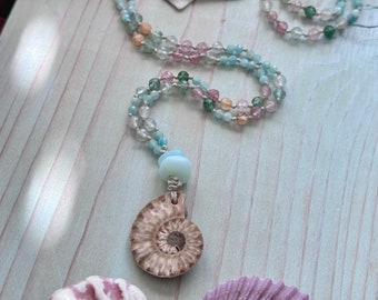 Mermaid Ammonite Beaded Necklace - Hand Knotted Beaded Gemstone Necklace