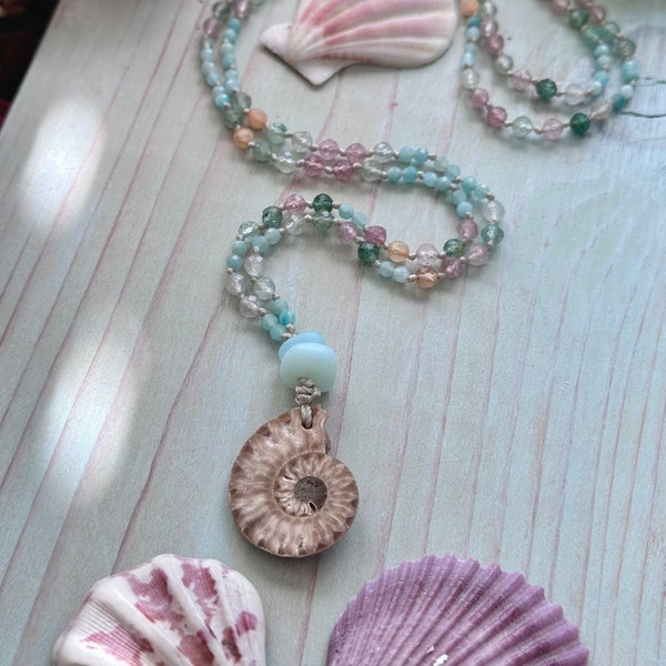 Mermaid Ammonite Beaded Necklace - Hand Knotted Beaded Gemstone Necklace