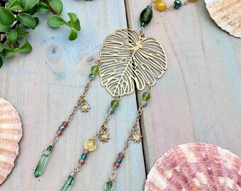 Monstera Car Charm, Tropical Sun Rearview Mirror Accessory, Gold Car Accessory, Mini Sun Charms, Tropical Rearview Charm, Boho Car Charm