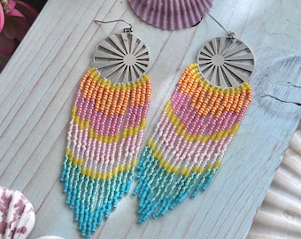Beach Sunrise Fringe Earrings - Colorful Sunrise Beaded Fringe Earrings