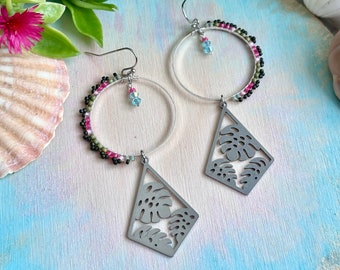 Monstera Leaf Hoop Earrings: Tropical Beaded Stainless Steel Charm