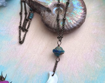 Shell Crescent Moon Lariat Necklace: Boho Czech Glass Beaded Chain
