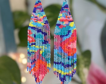 Psychedelic Fringe Earrings - Colorful Swirl Beaded Earrings