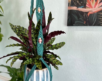 Tropical Paradise Large Beaded Teal Macrame Plant Hanger, Hand Painted Beads, Jungle Decor, Indoor Plant Hanger, Plant Mom Gift