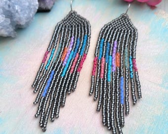 Multi Colored Fringe Earrings - Beaded Earrings - Colorful Dangles