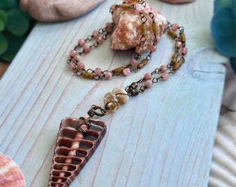 Beaded Seashell Necklace: Sunstone, Citrine & Sandcast Glass