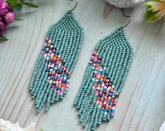 Confetti Fringe Earrings: Miyuki Beaded, Seafoam Green, 3" Long