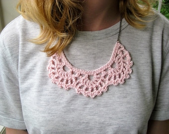 Crochet bib necklace, blush pink necklace, statement jewelry, vintage lace jewelry, bridesmaid gift, crochet jewelry, crochet necklace
