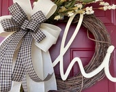 Farmhouse wreath, Buffalo check wreath, rustic wreath, shabby chic, wedding wreath, fall front door wreath, black and white gingham, hi