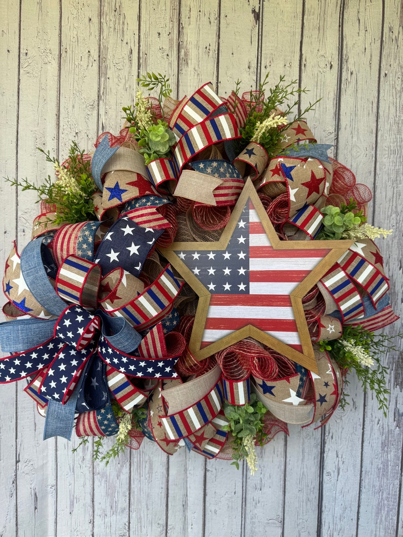 4th of July Wreath Patriotic Wreath Red White and Blue Wreath Wood Star ...