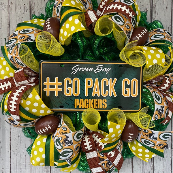 Green Bay Packers Wreath, NFL Wreath, Deco Mesh Wreath, Packers Decor, Packers Wreath, football ribbon, any team.