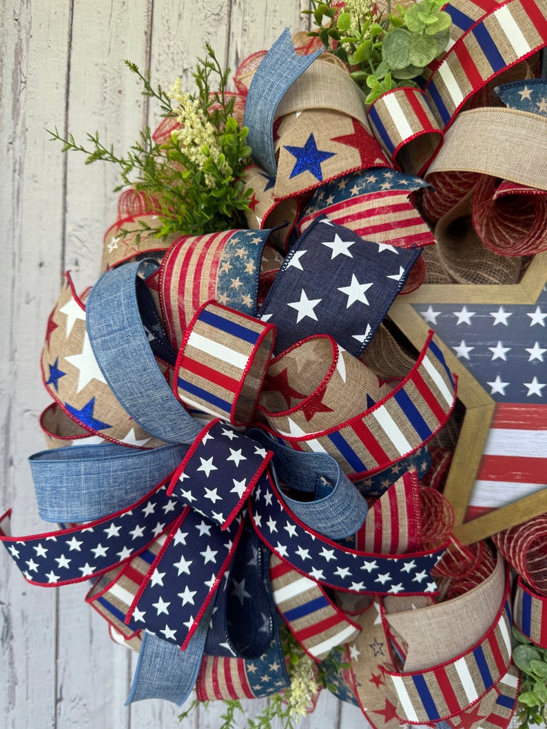 4th of July Wreath Patriotic Wreath Red White and Blue Wreath Wood Star ...