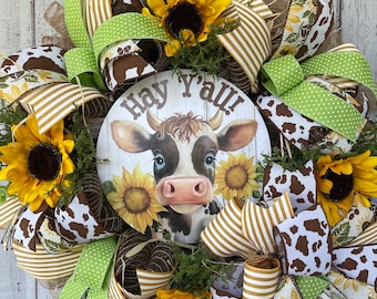 Cow wreath, sunflower, cow front door decor, sunflower decor, hay y’all wreath, farmhouse, cow burlap sunflower wreath, cow welcome wreath