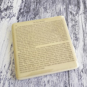Time Machine coaster, fused glass with text from H G Wells&#39; classic sci fi novel The Time Machine