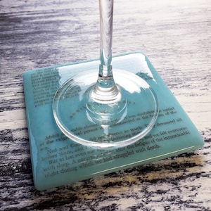 20000 Leagues coaster, fused glass coaster with text from Jules Verne&#39;s 20000 Leagues Under the Sea.