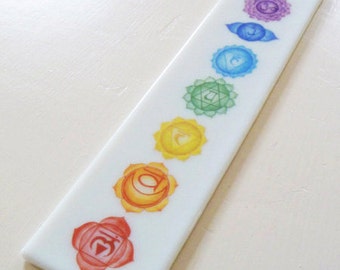 Chakra design wall plaque, white glass, rainbow coloured decorative hanging with the seven chakras