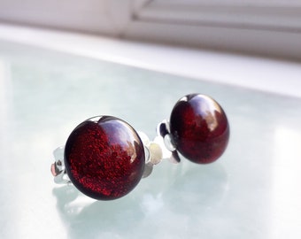 Clip-on fused glass earrings in sparkly red dichroic glass