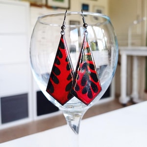 Red & black enamel earrings, dangles, long for pierced ears