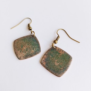 Rustic copper enamel earrings in a green and brown finish.