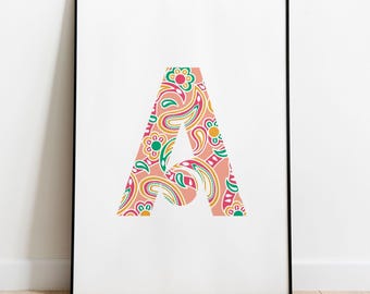 Colourful Monogram Initial Wall Art Print A5 Modern Initial Letter Alphabet Letter Print for Gifts Decorative Letter Patterned Letter Print