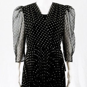 Vintage 80s Dress -M- Polka Dot Black White Elegant
