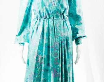 Robe en soie vintage années 60 - S - Pure soie, imprimé turquoise sur toute la surface