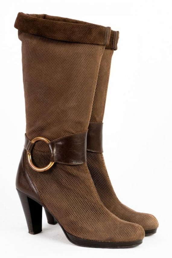Vintage Stiefel -38- Apart High Heels Leder Braun Umschlag am