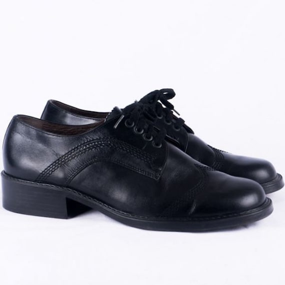 Vintage Shoes -45- Leather Black Lace-up Shoes 70s