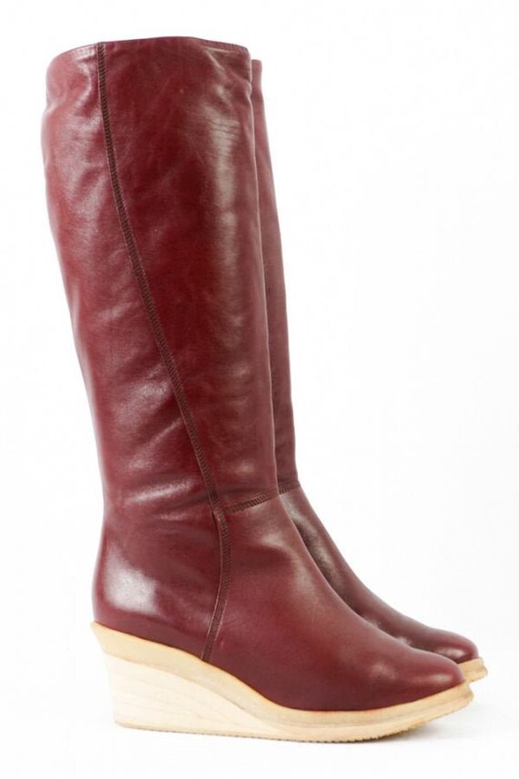 70s Vintage Boots -38.5- Leather Red Plateau Wedge