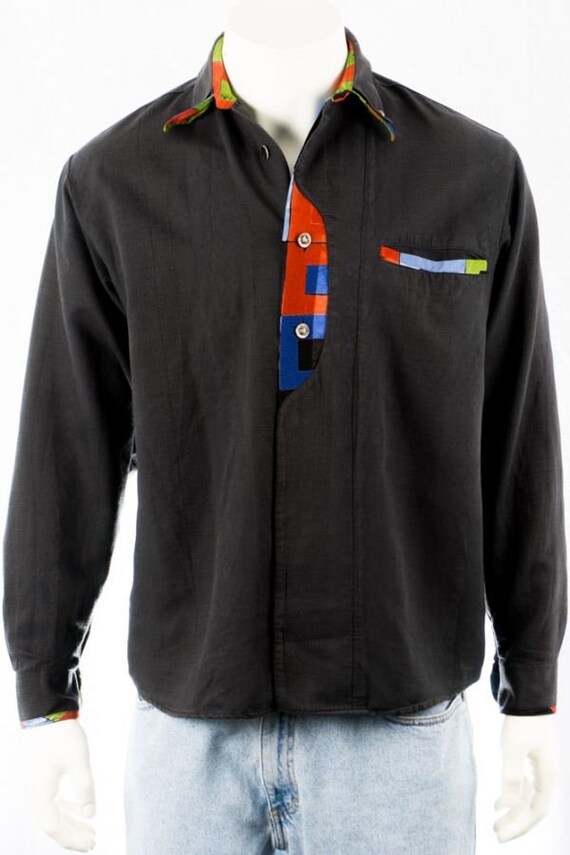 Vintage Shirt -S- Venicci Black Colorful Cotton 80