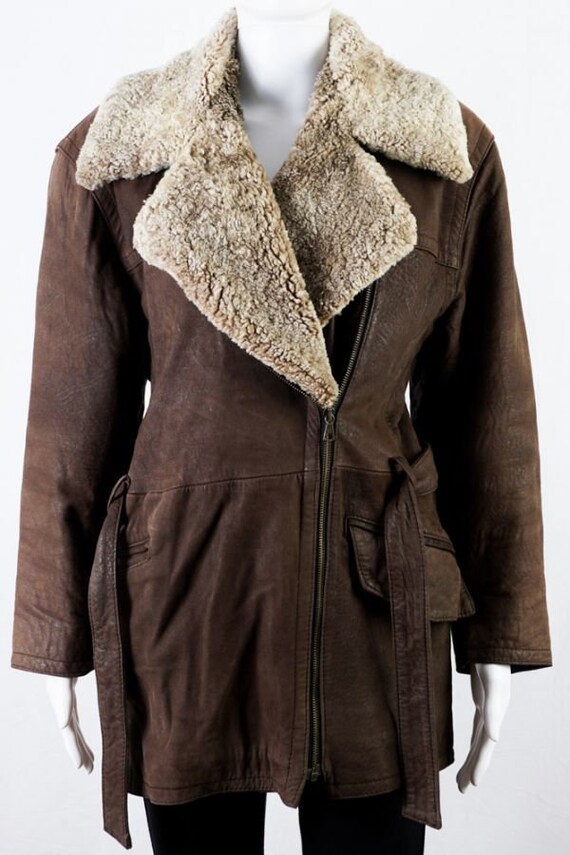 Vintage leather jacket with teddy collar -S- Brown