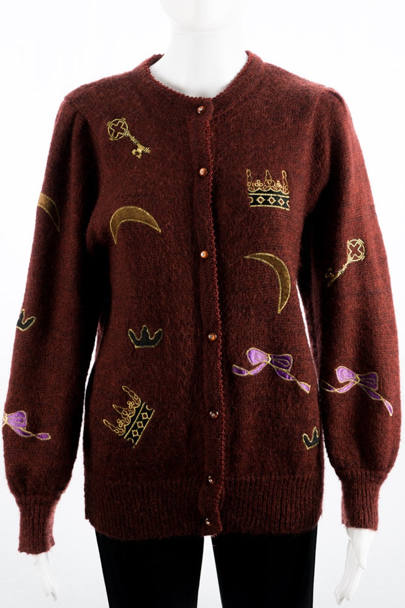 Vintage cardigan 80s S 36 Signe Incognito Cardigan Pattern Bordeaux Mohair Mix