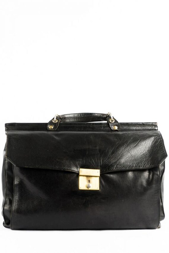 Vintage Leather Briefcase Black 70s School Bag