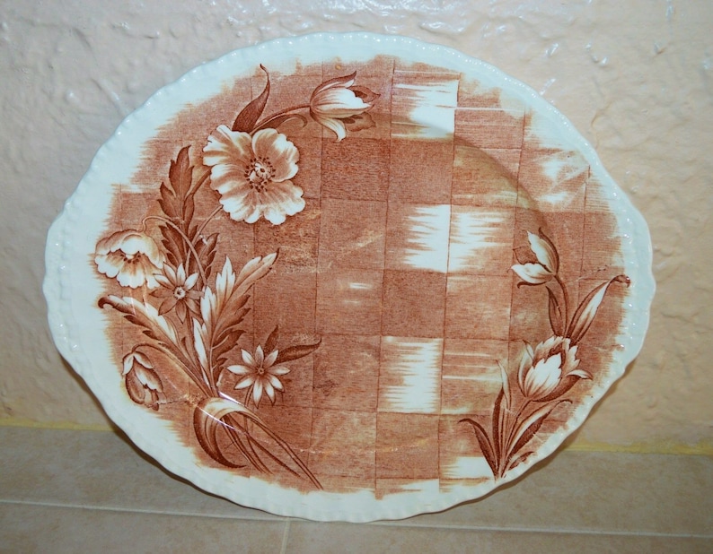 Pretty vintage brown and white Grindley Trellis transferware platter made in England