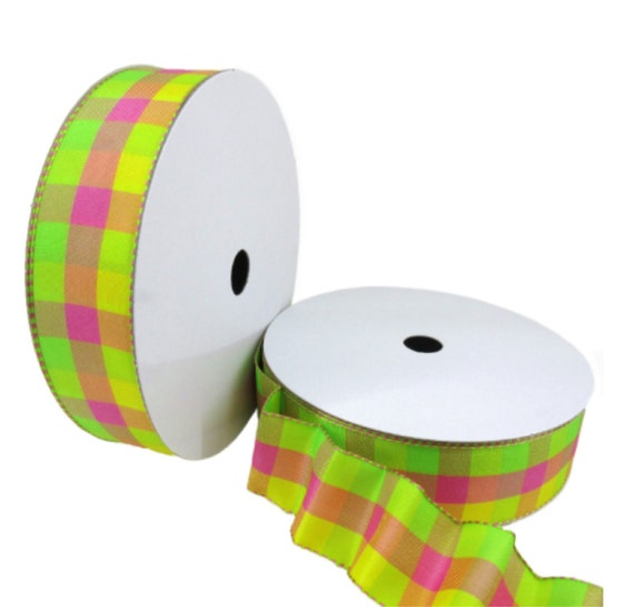 Ribbon - Plaid, Pink, Yellow, Green, Satin Ribbon, Spring, Easter, 1.5" Wired Edge, DIY Bow, Gift Wrap, Wedding Bow, Baby Shower, Birthday Il_570xn