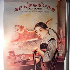 Cartel publicitario chino vintage original, mujer de moda que anuncia "The Tiger Medical Hall"