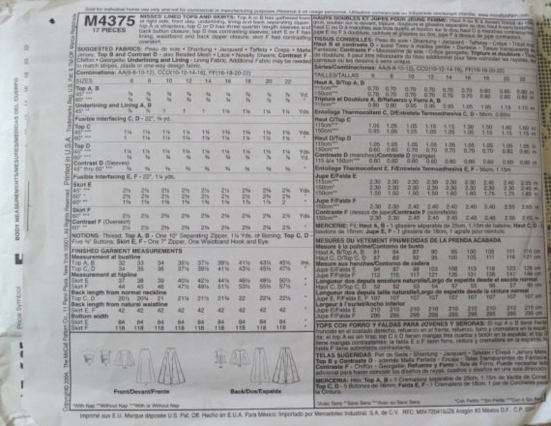 Size 6-8-10-12 McCalls M4375 Elegant Wedding Top and Skirt Pattern Women/'s Clothing Pattern