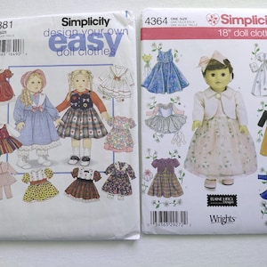 May include: Two Simplicity sewing pattern envelopes for doll clothing. The left envelope, number 9381, displays various dress designs for dolls. The right envelope, number 4364, features 18-inch doll clothing patterns with illustrations of dresses and a jacket.