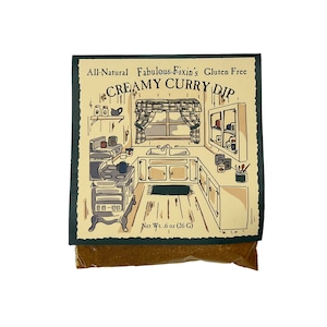 May include: A yellow and green package with a cartoon kitchen scene and the text "All-Natural Fabulous Fixin's Gluten Free CREAMY CURRY DIP" and "Net Wt. 6 oz (26 G)". The package contains a brown powder.