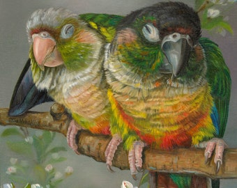 May include: Two green and yellow parrots perched on a branch with white flowers. The parrot on the left has a gray head and the parrot on the right has a black head.