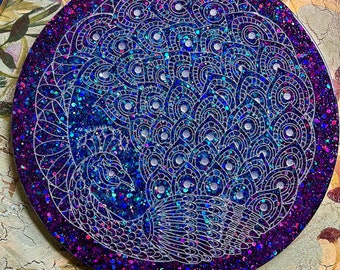XL Etched peacock - Peacock Feather Mat Placemat or Centerpiece Decoration.  11" round. choose from 4 colors!