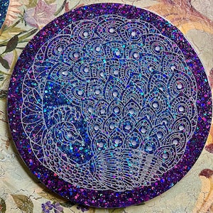 XL Etched peacock - Peacock Feather Mat Placemat or Centerpiece Decoration.  11&quot; round. choose from 4 colors!